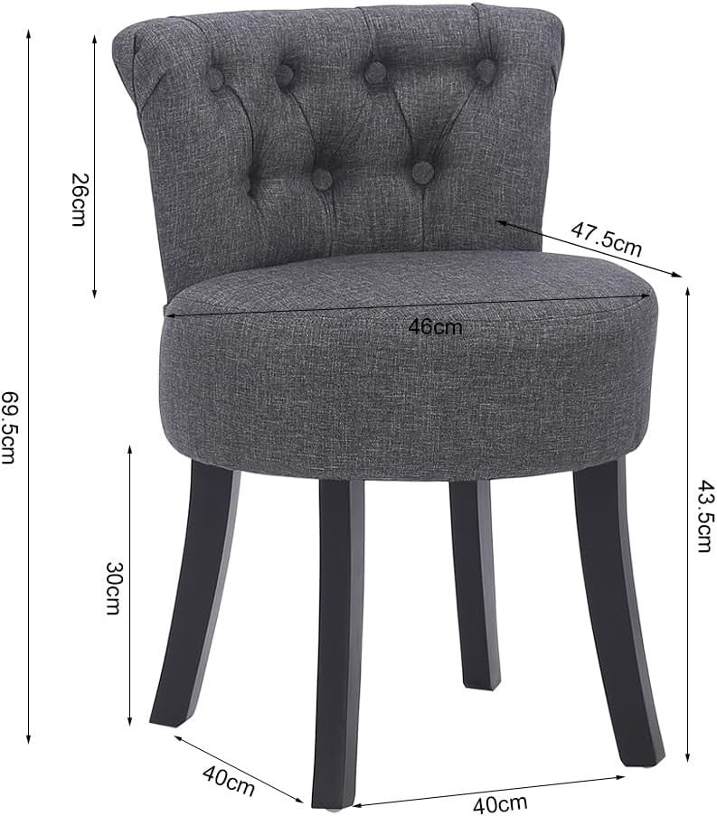 Grey Linen High-Back Vanity Chair – Padded Dressing Stool with Wood Legs