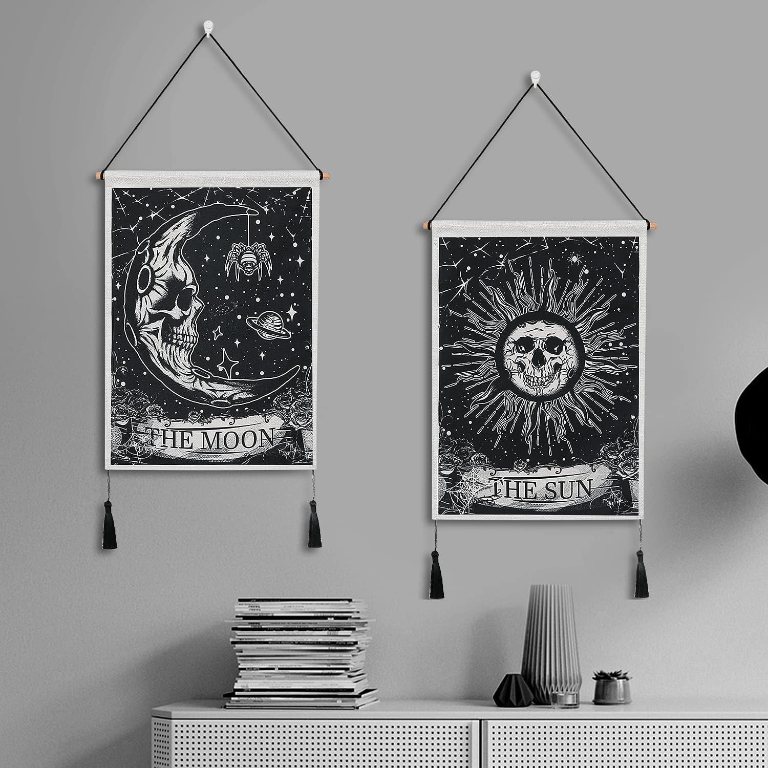 Pack of 2 Moon & Sun Skull Tapestries Boho Wall Decor Dark/White