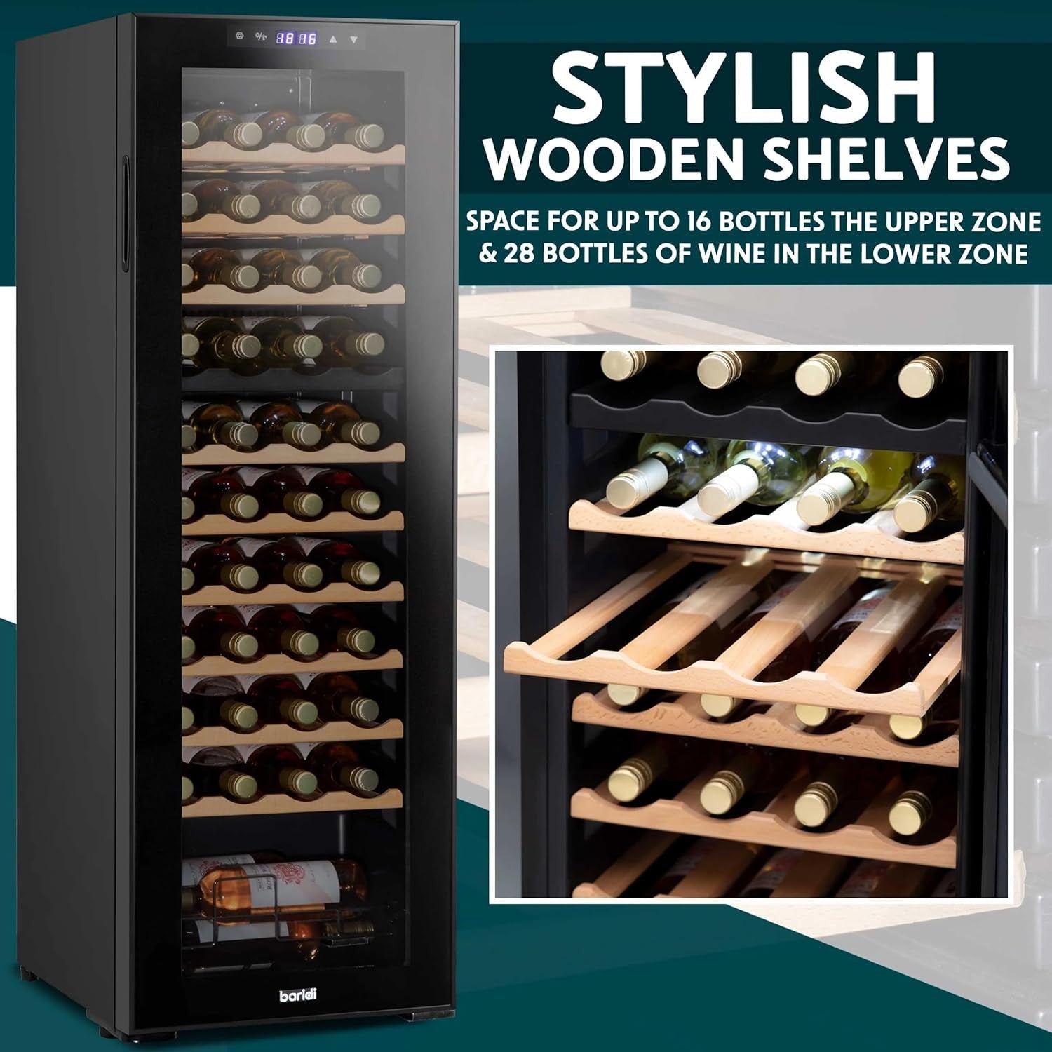 44 Bottle Dual Zone Wine Cooler Fridge Touch Screen LED Glass Door Black