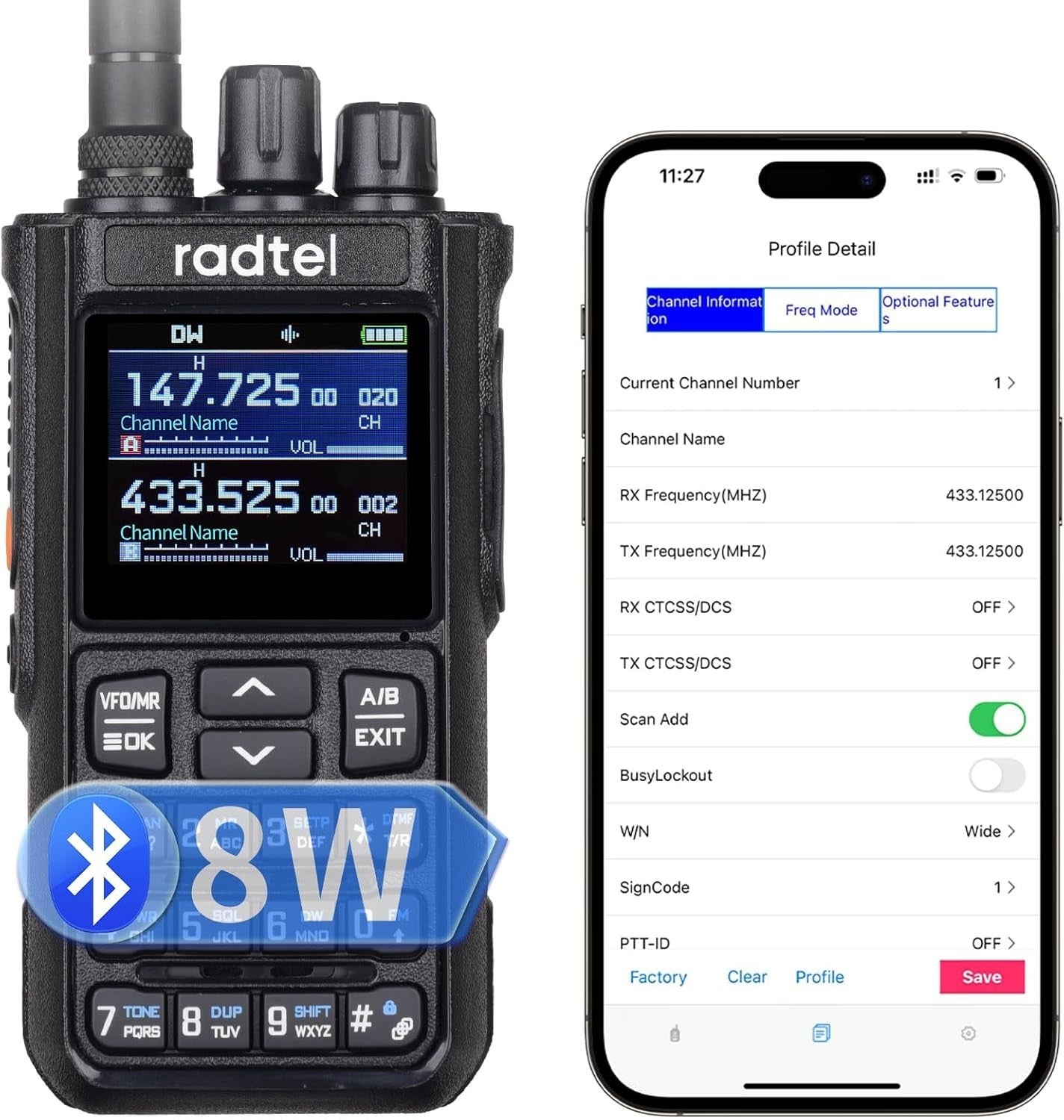 8W Multi Band Ham Radio 256CH Noise Reduction App Programmed