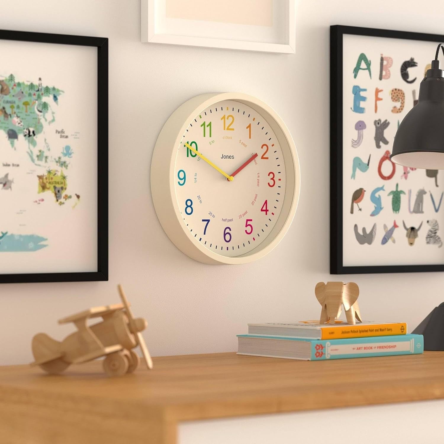 Kids Wall Clock 25cm Silent Quartz Cream Modern Colourful Number Nursery Clock