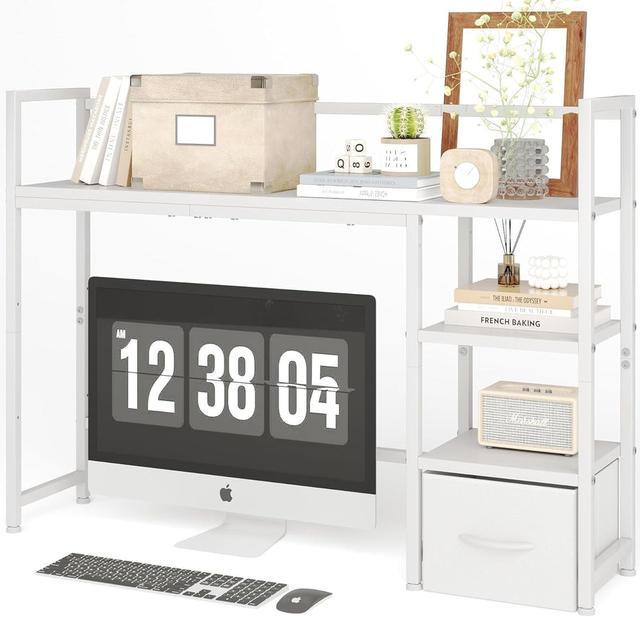 White Desk Hutch Shelf 41.3" 3-Tier Desktop Organizer with Drawer for Monitor