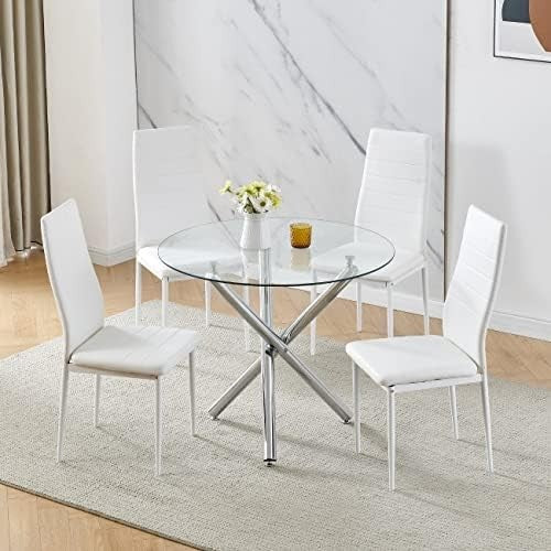 Modern 5-Piece Round Glass Dining Table Set with 4 White PU Leather Chairs
