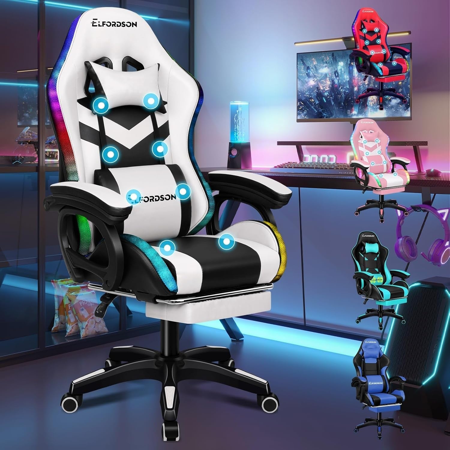 Gaming Chair RGB LED Massage Recliner PC Office Desk Swivel Footrest Pu Leather