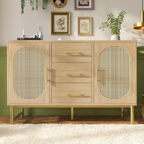 Rustic Rattan Sideboard Cabinet with Adjustable Shelves & Anti-Tip Safety