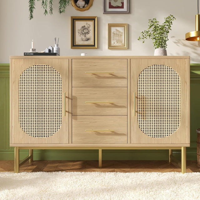 Rustic Rattan Sideboard Cabinet with Adjustable Shelves & Anti-Tip Safety