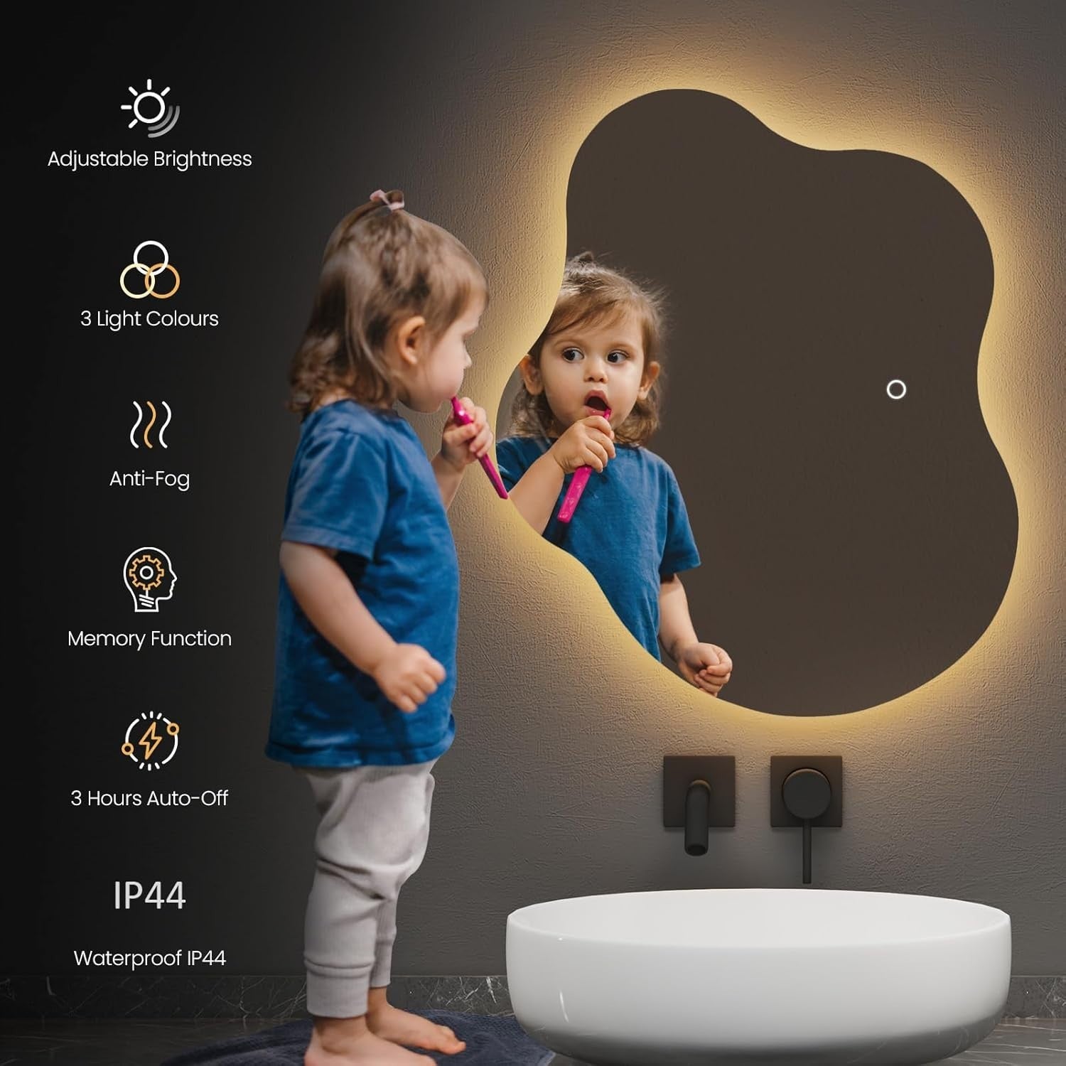 LED Bathroom Mirror 50x60cm Irregular Shape, Dimmable, Memory & Color Modes