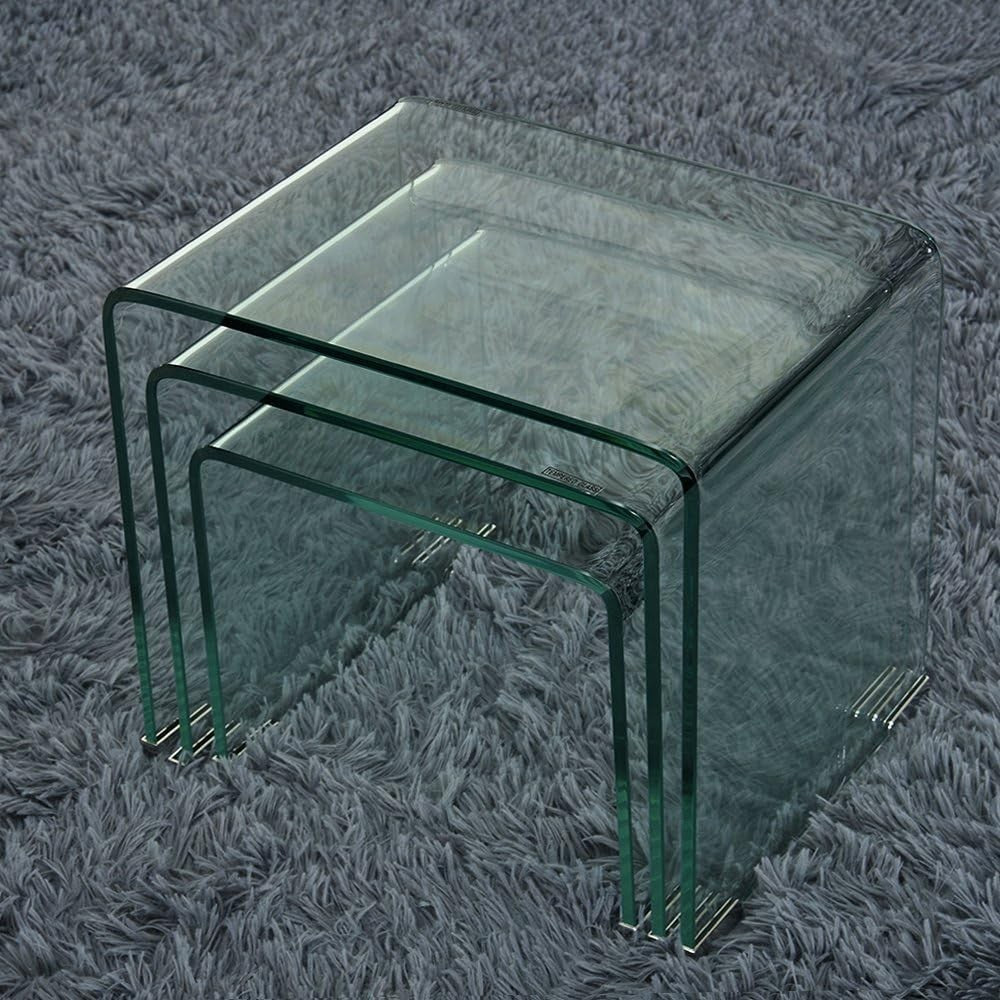 Nest of 3 Clear Glass Coffee Side End Tables Modern Space Saving Set
