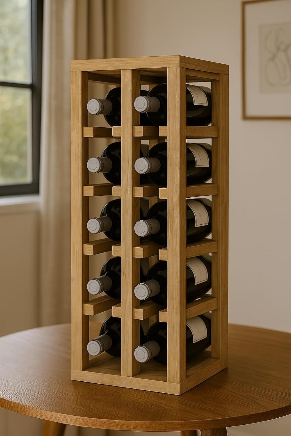 Pine Wine Rack for 12 Bottles – Light Oak Finish | Compact Floor Stand