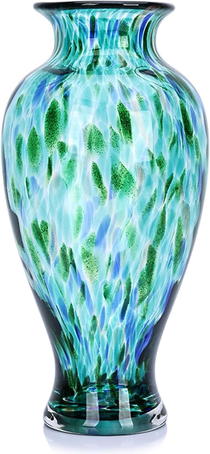 Hand Blown Glass Vase Tall 30cm Turquoise Art Flower Vase Table Centerpiece