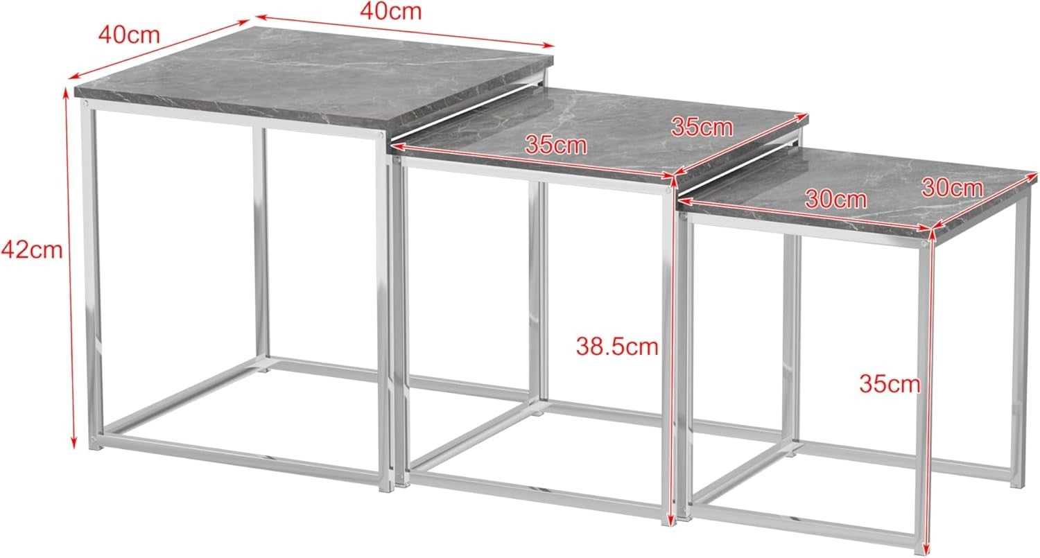 3 Nesting Coffee Side Tables Set Grey Marble Wood Square Space Saving Accent