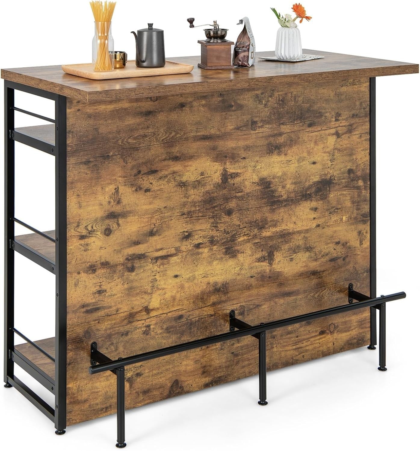 2-in-1 Kitchen Island & Home Bar Table with Wine Rack, Rustic Brown 60x120x101cm