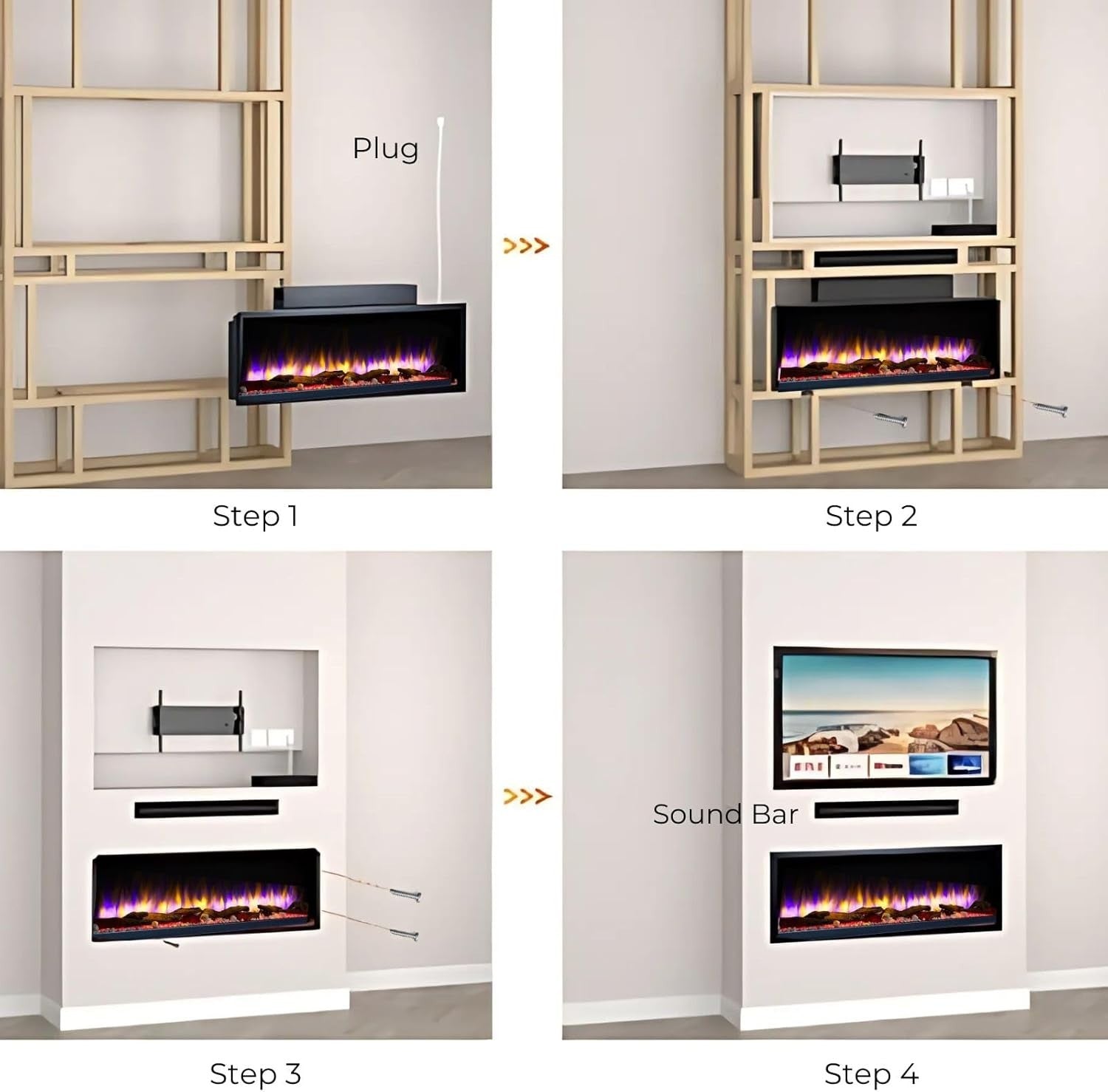 48" Slim Built In Electric Fireplace WiFi LED Fire App Remote Wall Mount