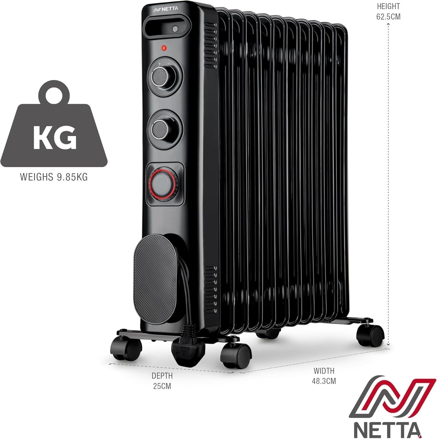 2500W Oil Filled Radiator Heater 11 Fin Portable Thermostat Timer