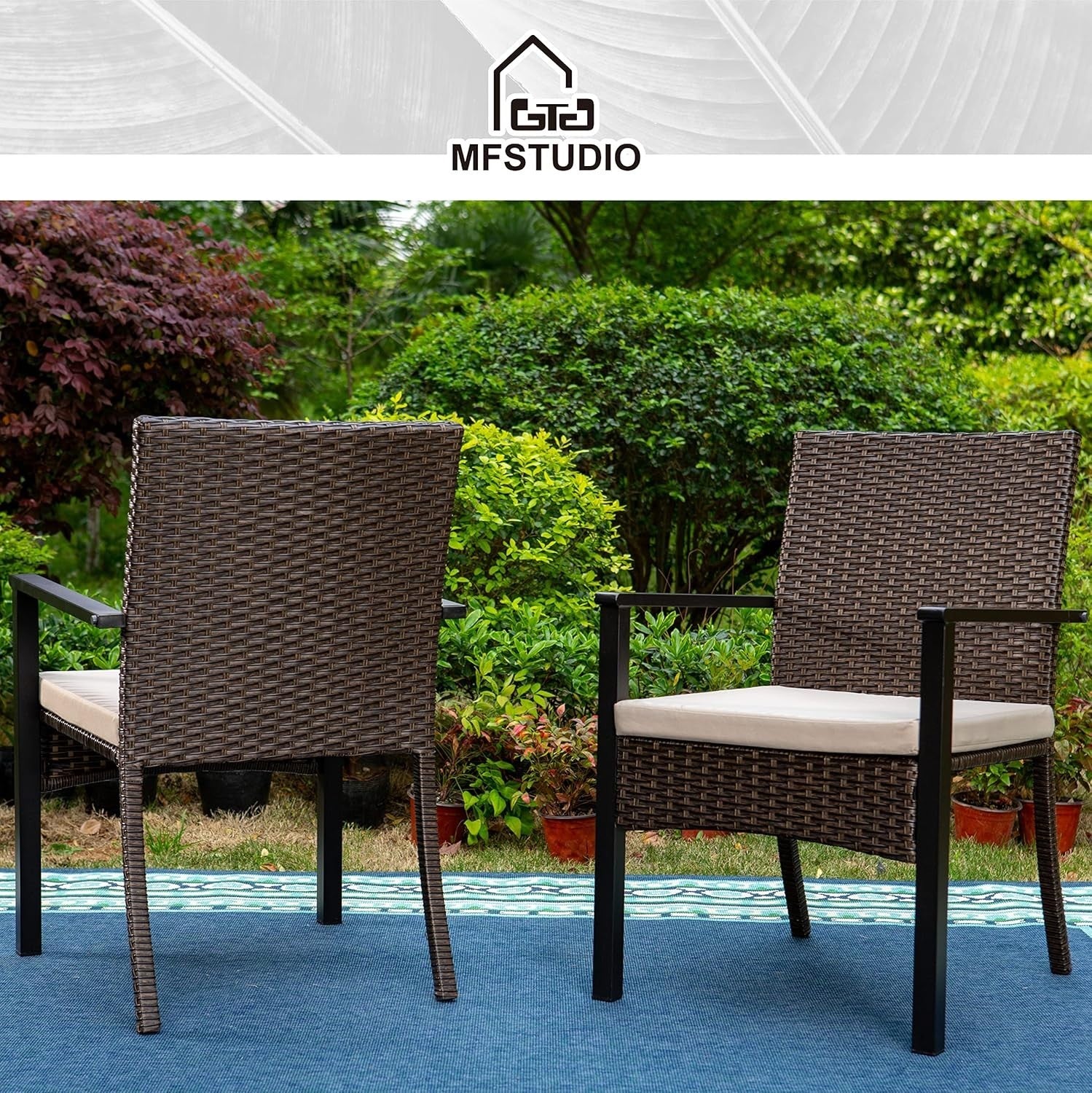 Rattan Garden Dining Chairs Set of 2 with Cushions Weatherproof Patio Seating