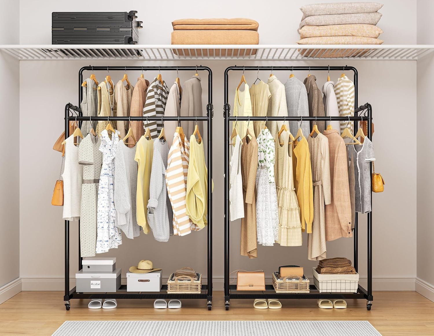 Double Clothes Rail 80KG Heavy Duty Rack With Shelf Black