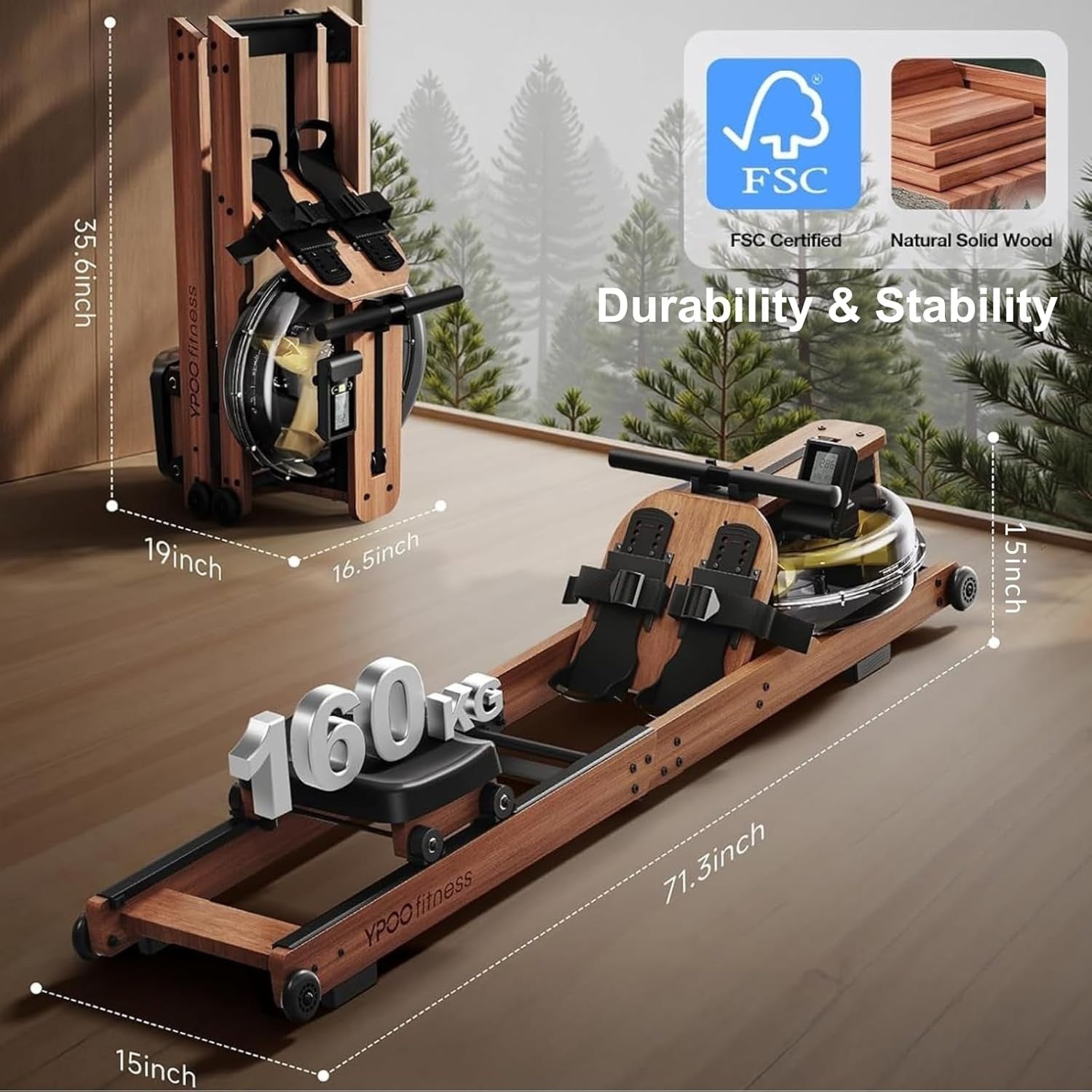Wooden Water Rowing Machine 6-Level Resistance Bluetooth LCD Home Rower