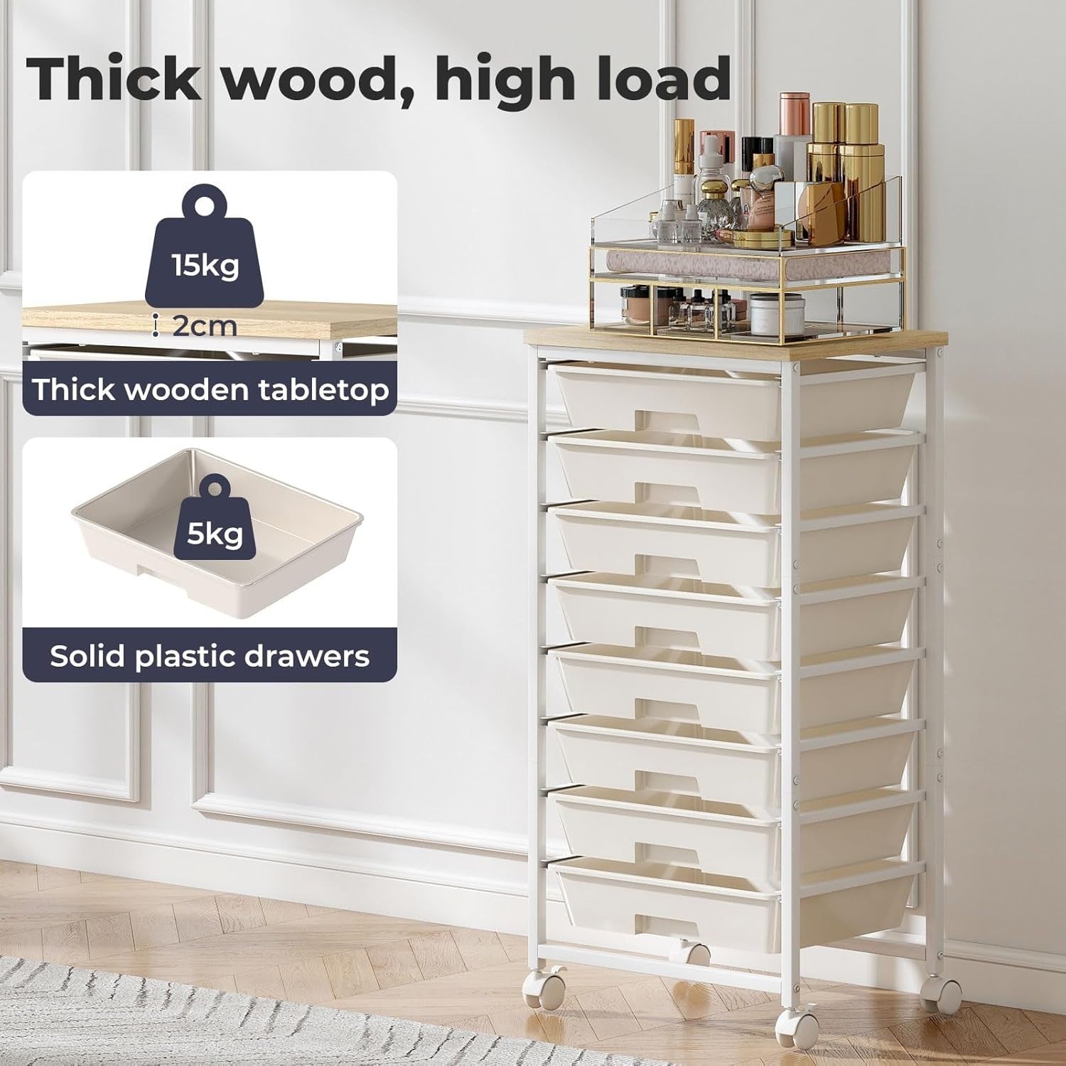 8 Drawer Rolling Storage Trolley Utility Cart Wooden Top White Wheels