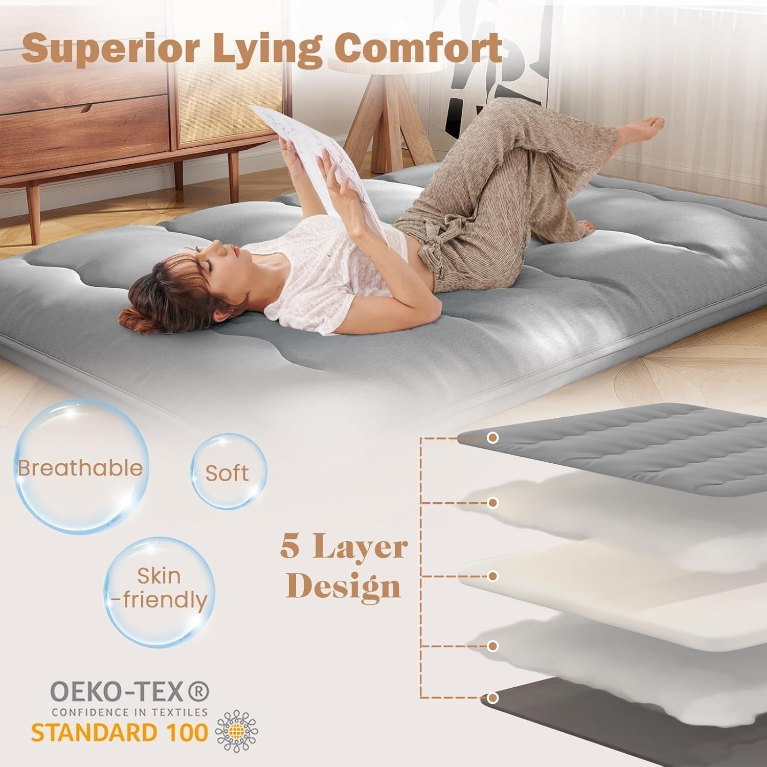 10cm Thick Japanese Foldable Tatami Futon Mattress Double Grey Sleeping Pad