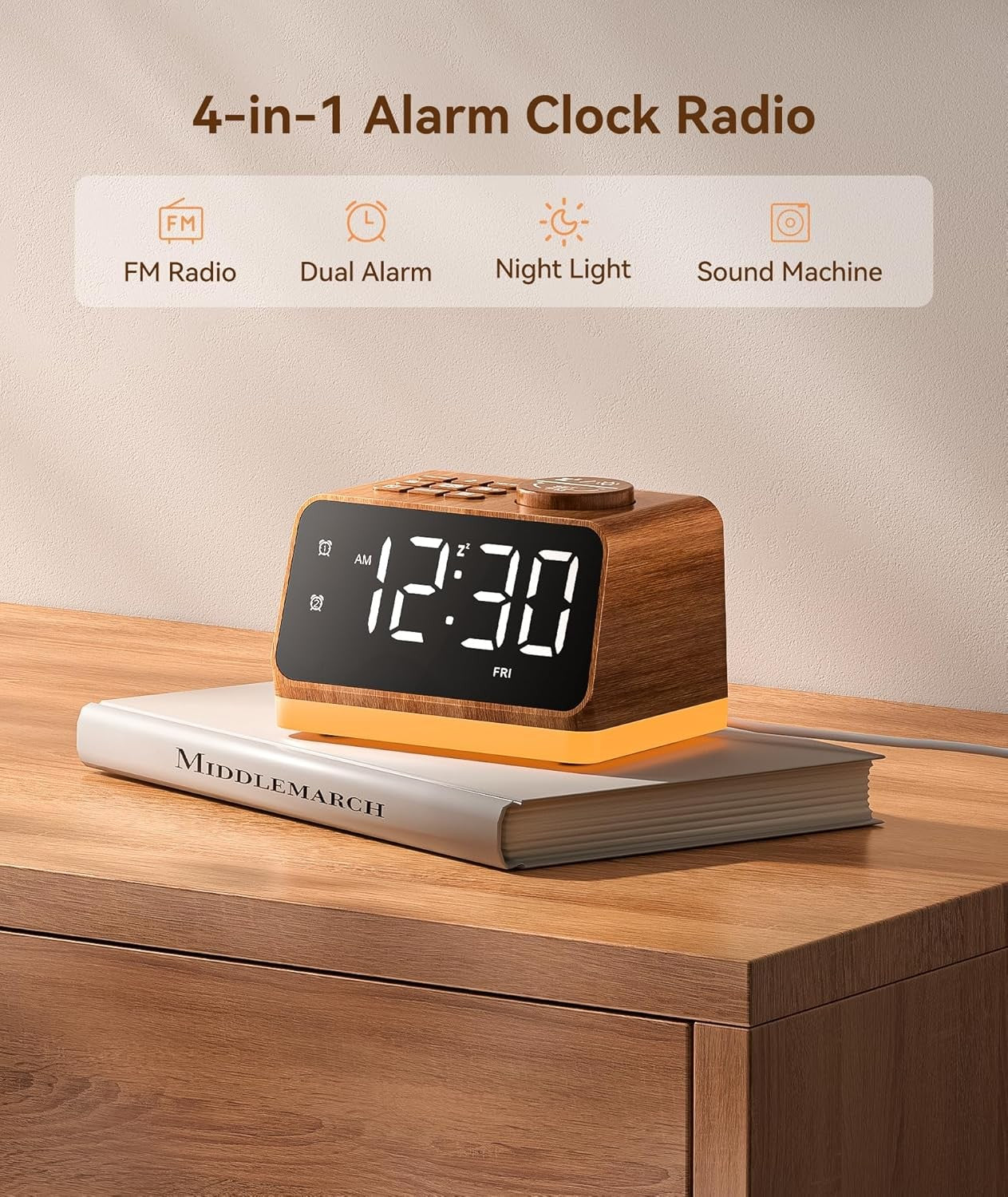 FM Radio Alarm Clock Dual Alarm White Noise USB Charging Night Light