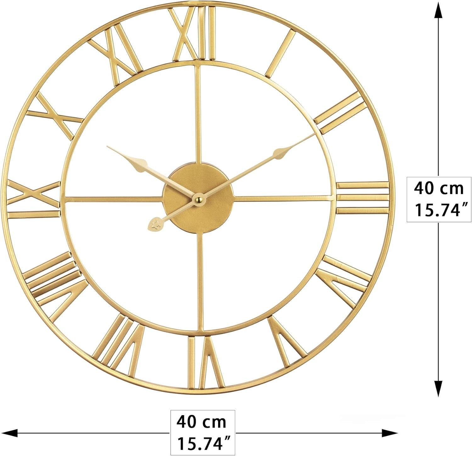 40cm Gold Roman Numeral Wall Clock Metal Silent Quartz Large Modern Decor