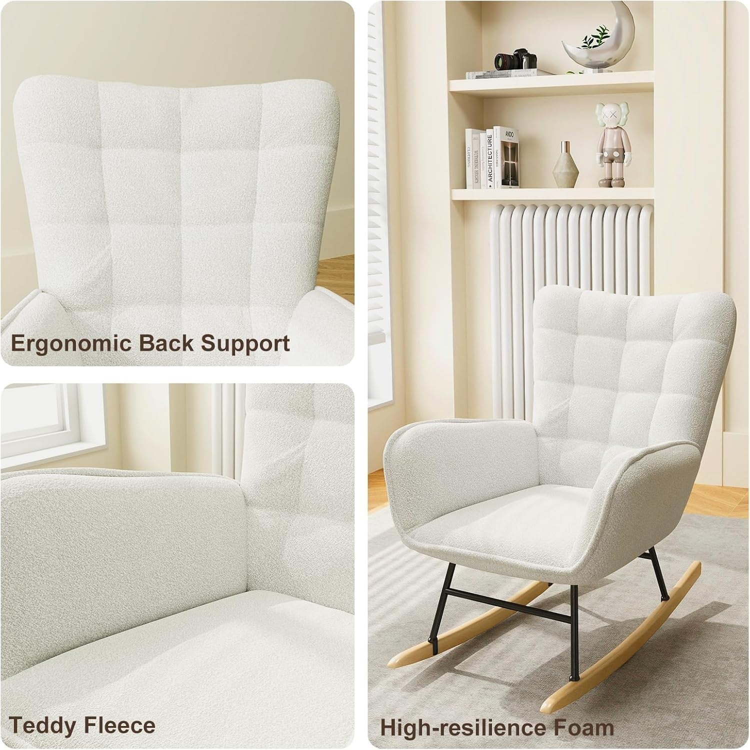 High Back Teddy Fleece Rocking Chair with Solid Wood Legs & Cozy Comfort