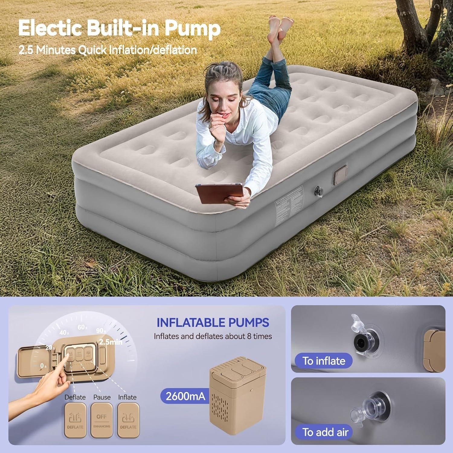 Single Inflatable Air Mattress with Built-In Pump – Quick Setup, 40cm Elevated C