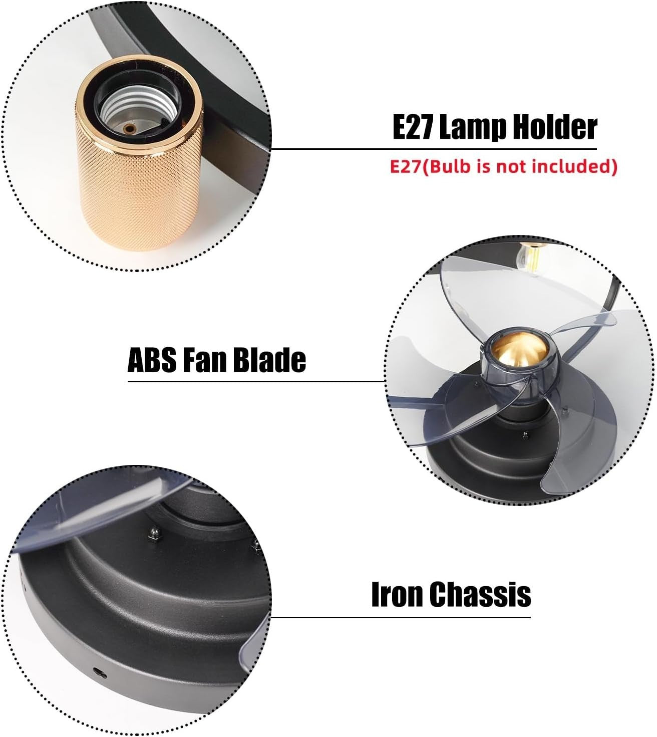 ZHXINASHU Retro Ceiling Fan with Light & Remote, 3-Blade, Black, E27