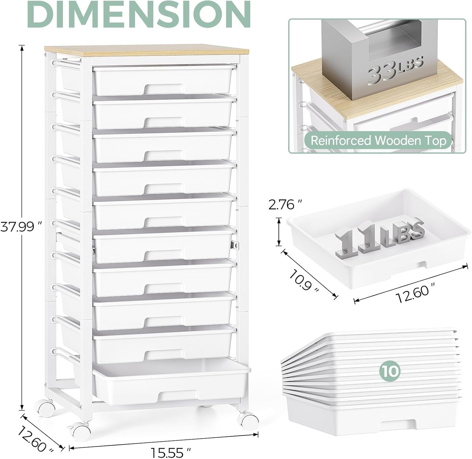 White 10 Drawer Rolling Storage Trolley Craft Organizer with Wooden Top