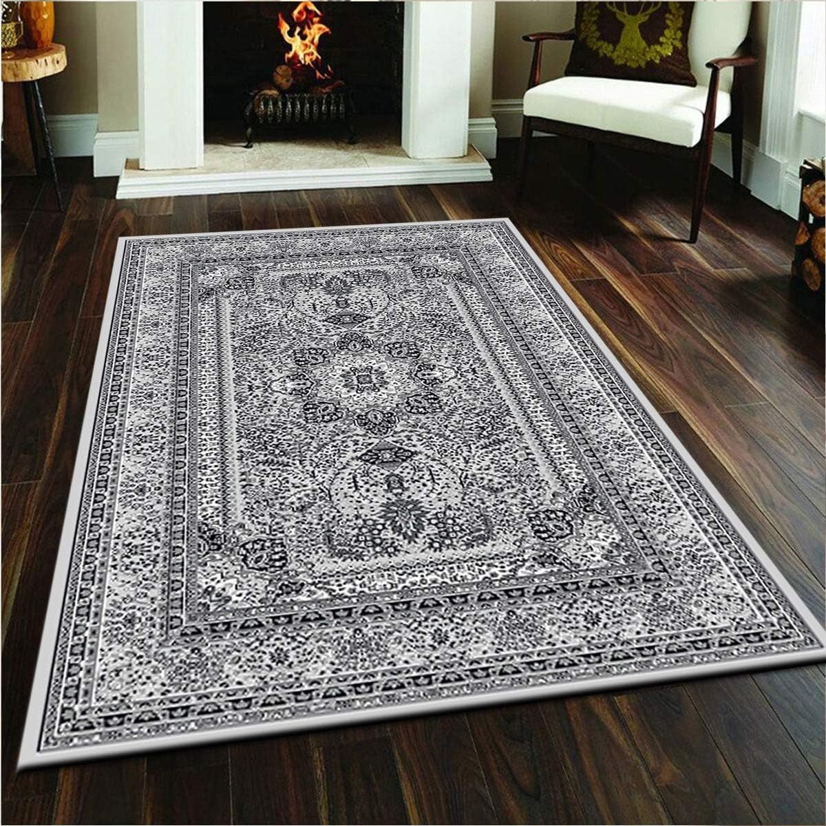 Grey Oriental Area Rug 120x170cm Soft Low Pile Traditional Living Room Carpet