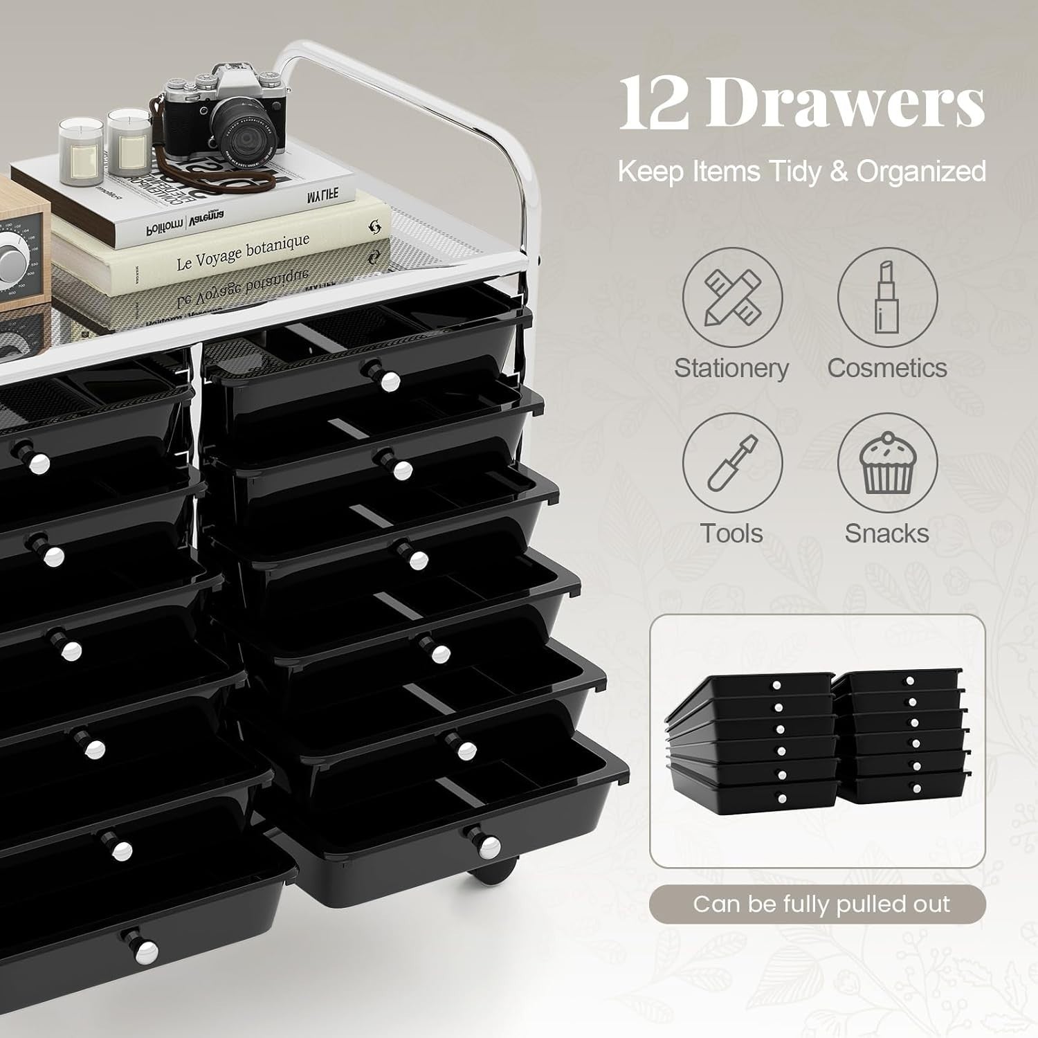 12 Drawer Rolling Storage Cart Utility Trolley Organizer Black Wheels