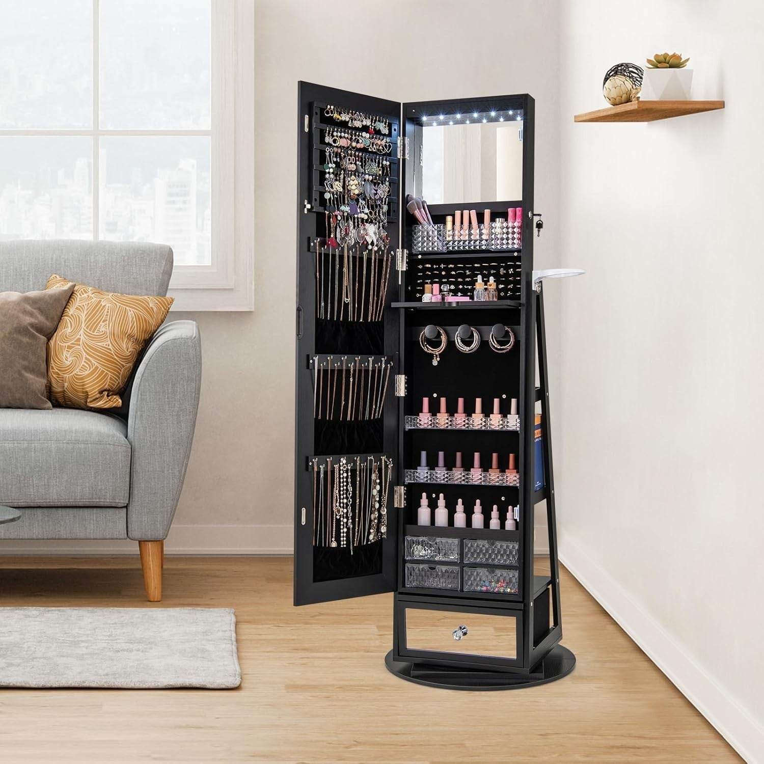 360° Swivel Jewelry Cabinet LED Mirror Lockable Makeup Storage