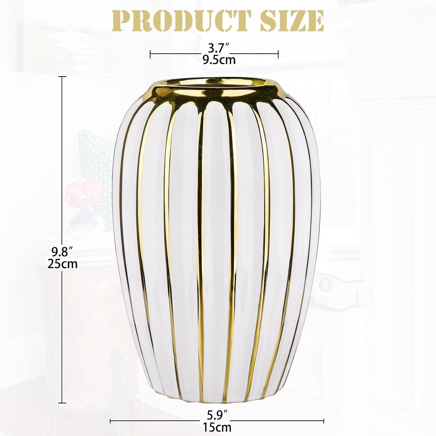 White Gold Ribbed Ceramic Vase Luxury Floral Table Home Décor 9.8 Inch