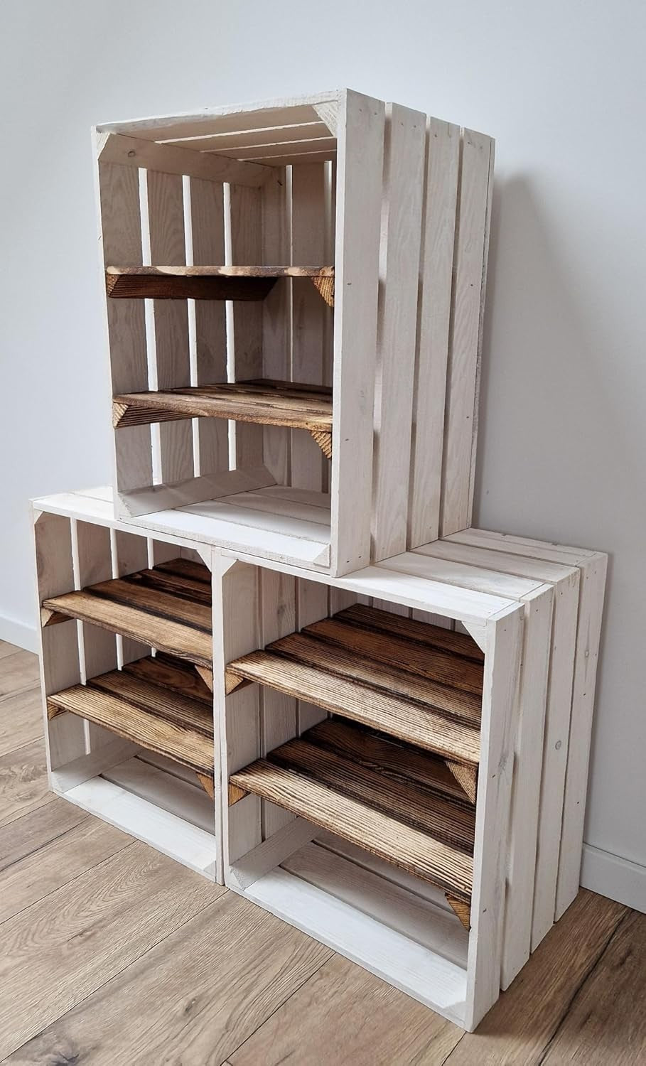 Single-Tier Burnt White Wooden Crate Storage Shelf Organizer 50x40x30cm
