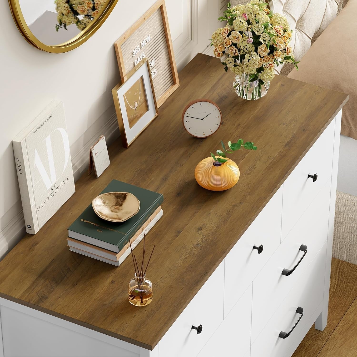 White 7 Drawer Chest with Oak Top – Modern Storage Cabinet for Bedroom & Hall