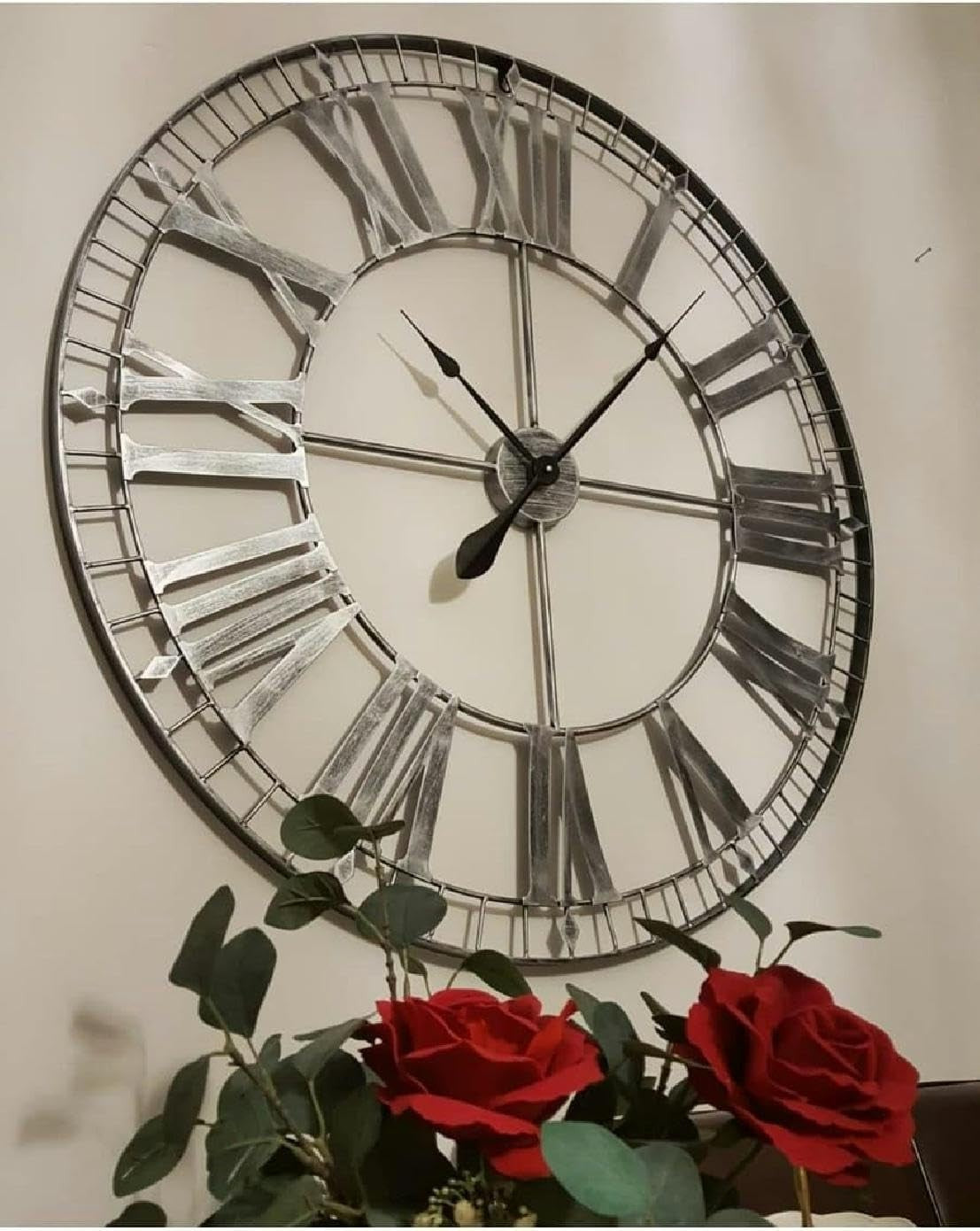 Extra Large 88cm Skeleton Wall Clock Rustic Silver Metal Roman Numerals Decor