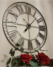 Extra Large 88cm Skeleton Wall Clock Rustic Silver Metal Roman Numerals Decor