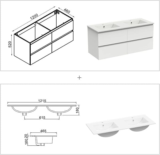 1200mm Wall Hung Gloss White Vanity Unit – Double Basin Sink 4 Drawer Cabinet