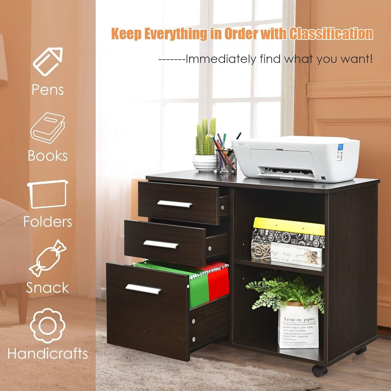 Coffee Lateral Mobile Filing Cabinet 3 Drawer Letter Printer Stand