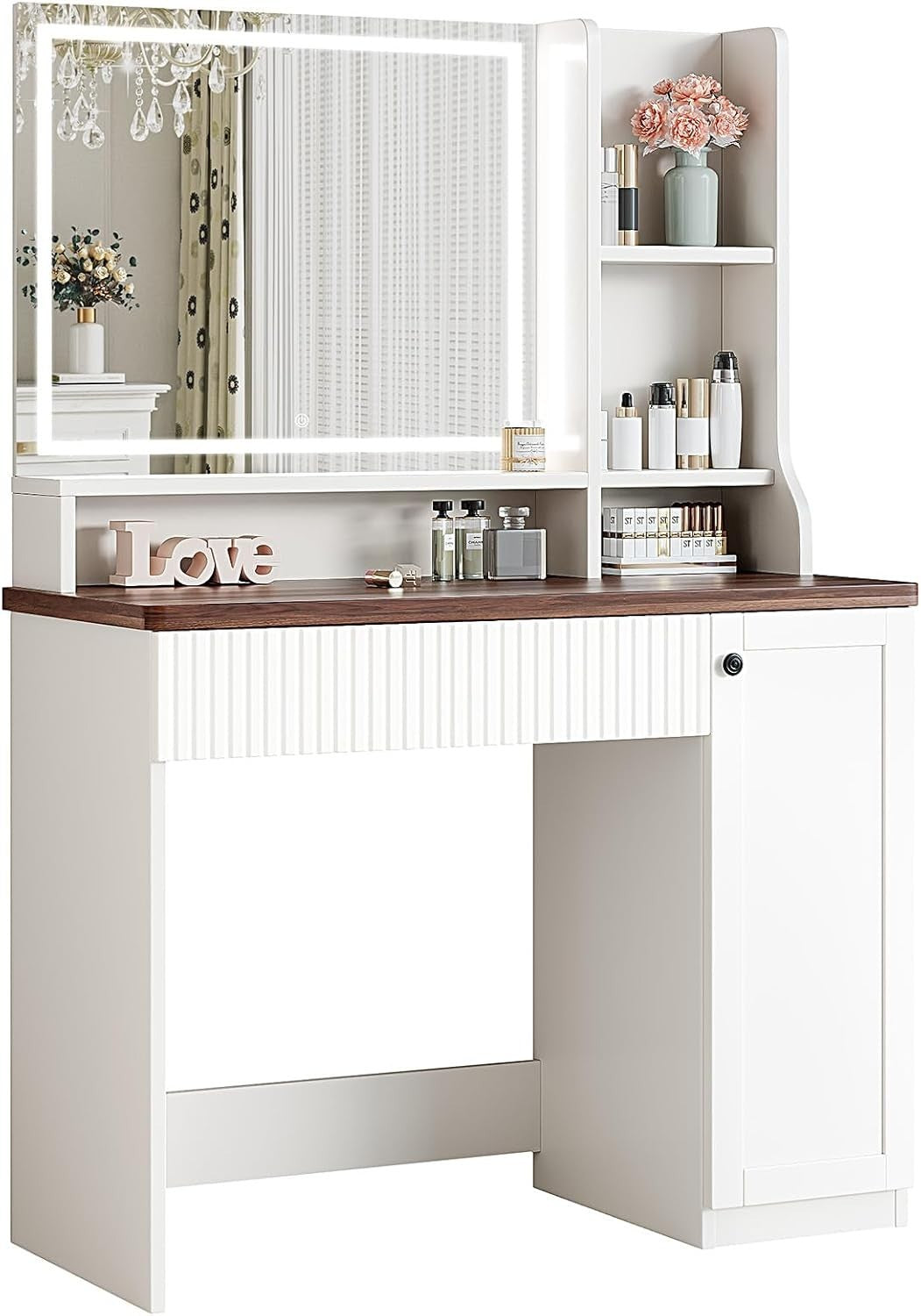 Vanity Dressing Table Desk w/LED Mirror Modern Beige Makeup Dresser Storage