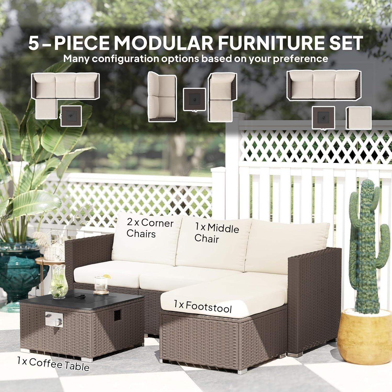 5-Piece Outdoor Rattan Sofa Set with Gas Fire Pit Table & Cushions