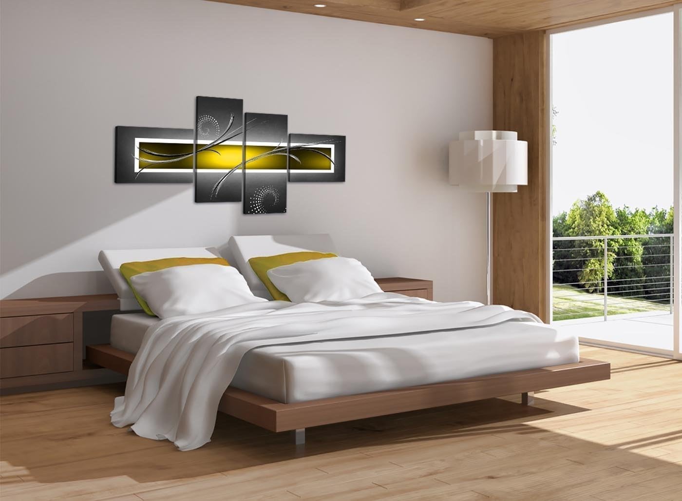 Yellow Grey Abstract Canvas Wall Art 4 Panel Set