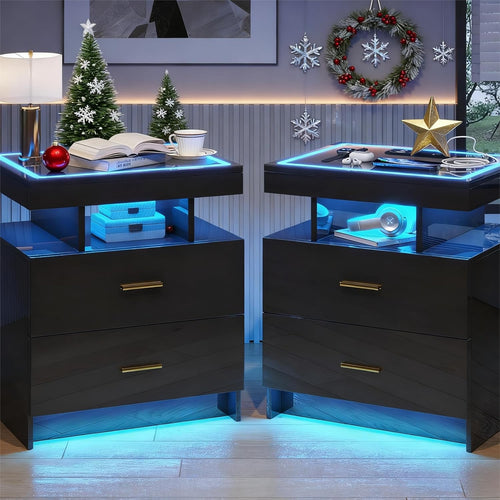 Set of 2 Black LED Bedside Tables with Wireless Charging, Glass Top & Drawers