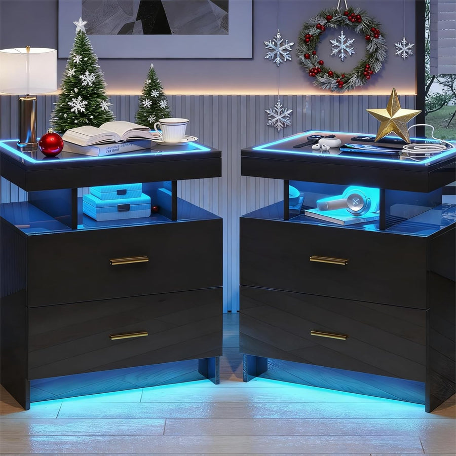Set of 2 Black LED Bedside Tables with Wireless Charging, Glass Top & Drawers