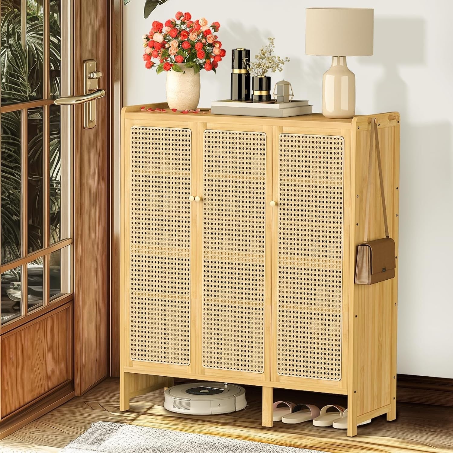 Large 5-Tier Bamboo Shoe Cabinet with Rattan Doors & Side Hooks, Slim Organizer