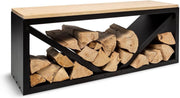 Wood Firewood Storage Bench with Bamboo Top, Durable Steel, Indoor & Outdoor
