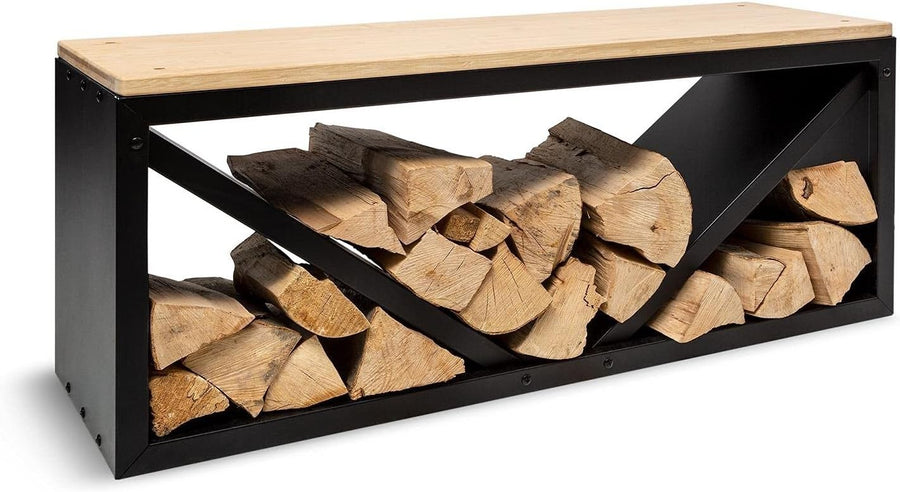 Wood Firewood Storage Bench with Bamboo Top, Durable Steel, Indoor & Outdoor