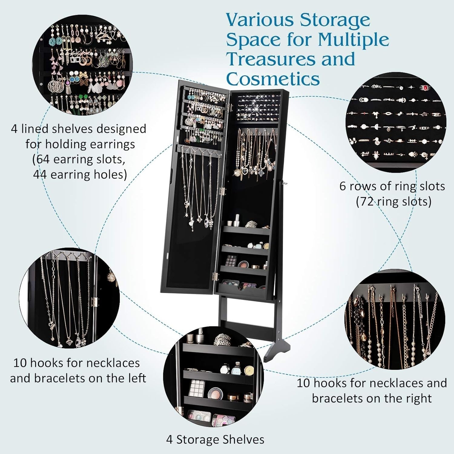 Adjustable Standing Jewelry Armoire Full Length Mirror Storage Black