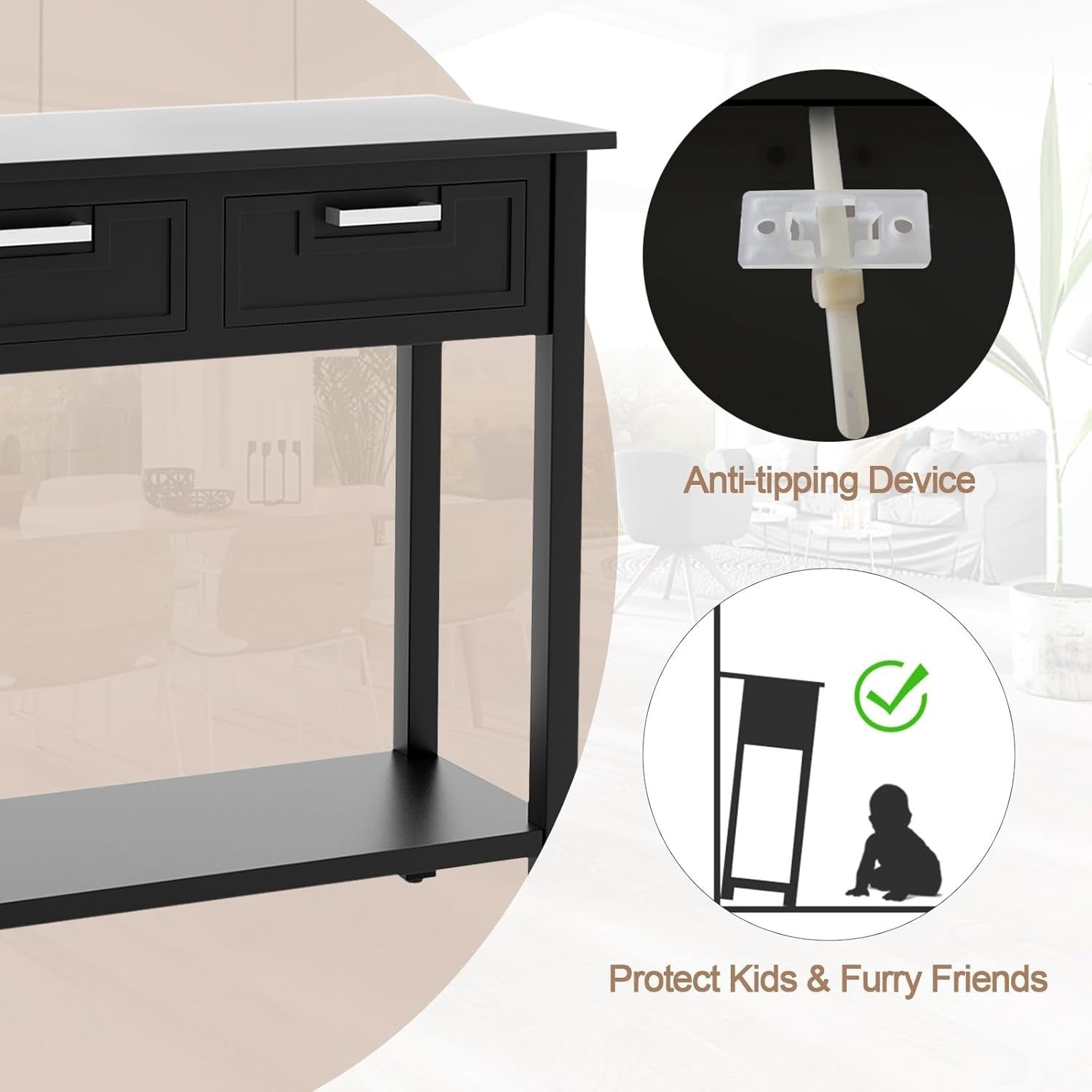 Modern Black Console Table with 2 Drawers & Bottom Shelf, Sturdy