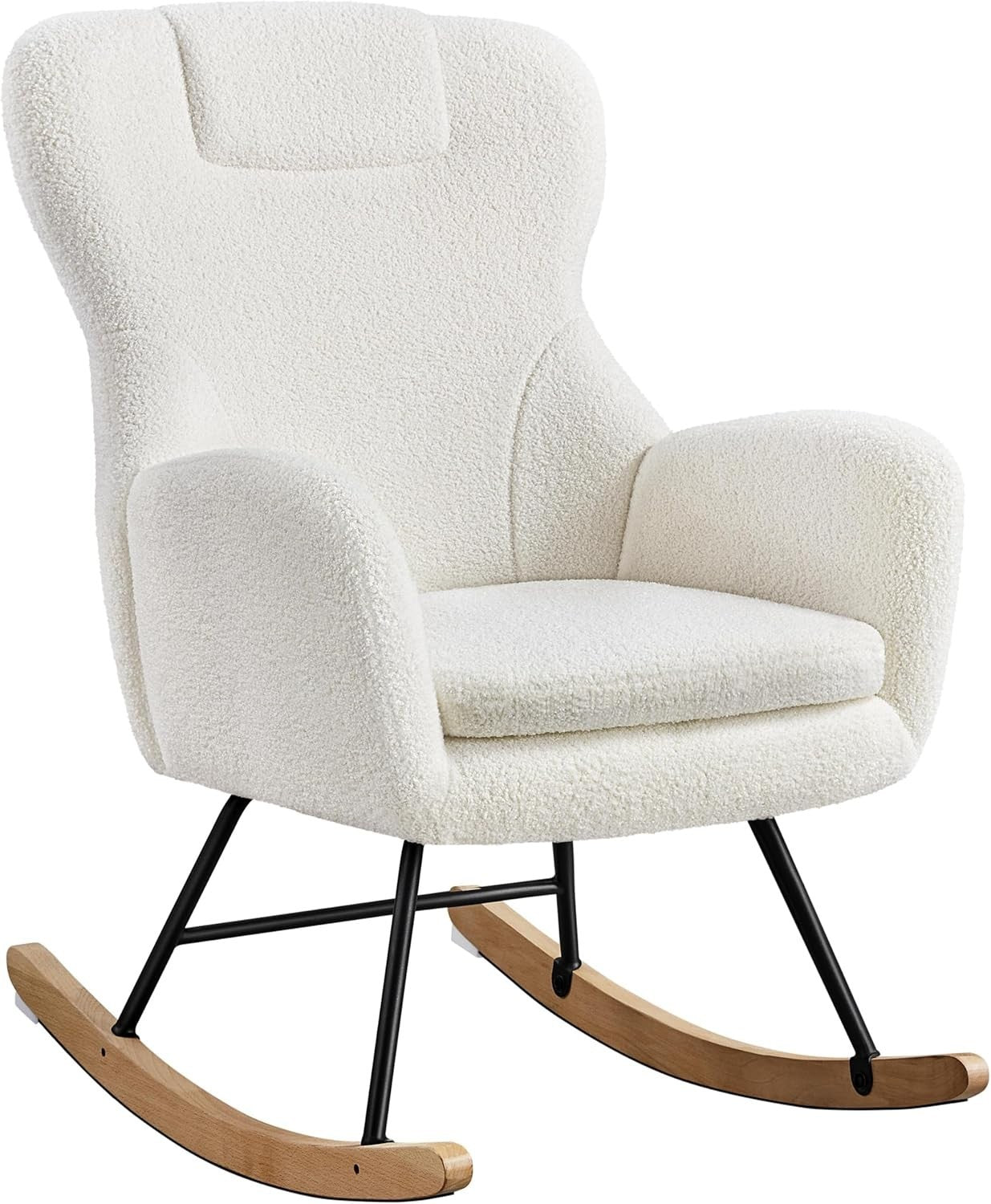 Rocking Armchair Boucle Fabric for Adults, Solid Wood Base, Cozy Lounge Chair